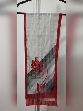Vintage Red Trim Floral Scarf with Gray Diagonal Stripes